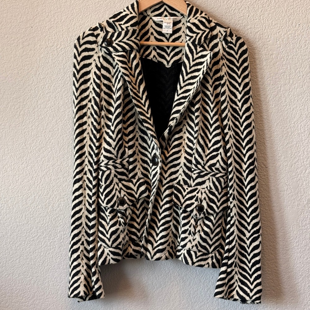 Diane von Furstenberg Blazer Rockajilly Cotton Zebra Womens 2 Black White Pocket